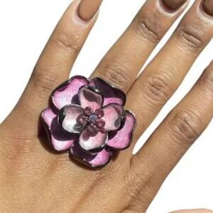 Purple Flower Ring Enamel Petals, Rhinestone Center, Adjustable Band